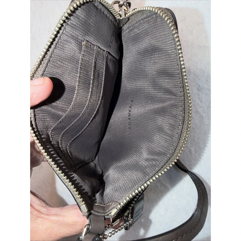 Coach Chocolate Brown Silver Front Logo Leather 2 Compartment Wristlet